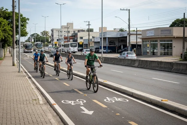 Ciclistas percorrendo ciclovia em Criciúma.